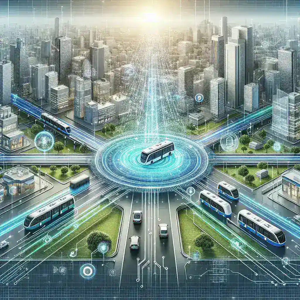 "Ilustrasi penggunaan teknologi AI dalam sistem transportasi umum yang efisien, menunjukkan bus pintar dan analis data untuk meningkatkan mobilitas perkotaan."